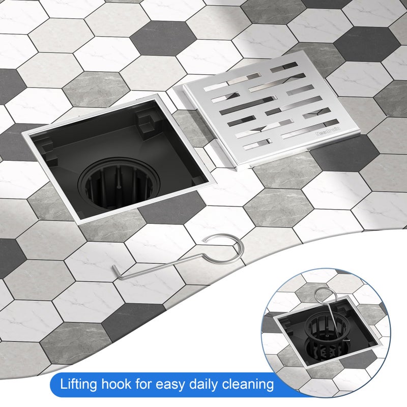 Neodrain Square Shower Drain, 4 inch Stainless Steel 304 Grate and PVC Drain Body, Brick Pattern Grate with Brushed Nickel Finish, Kit Includes Hair Trap/Strainer,Lifting Hook and PVC Drain Base - Image 4